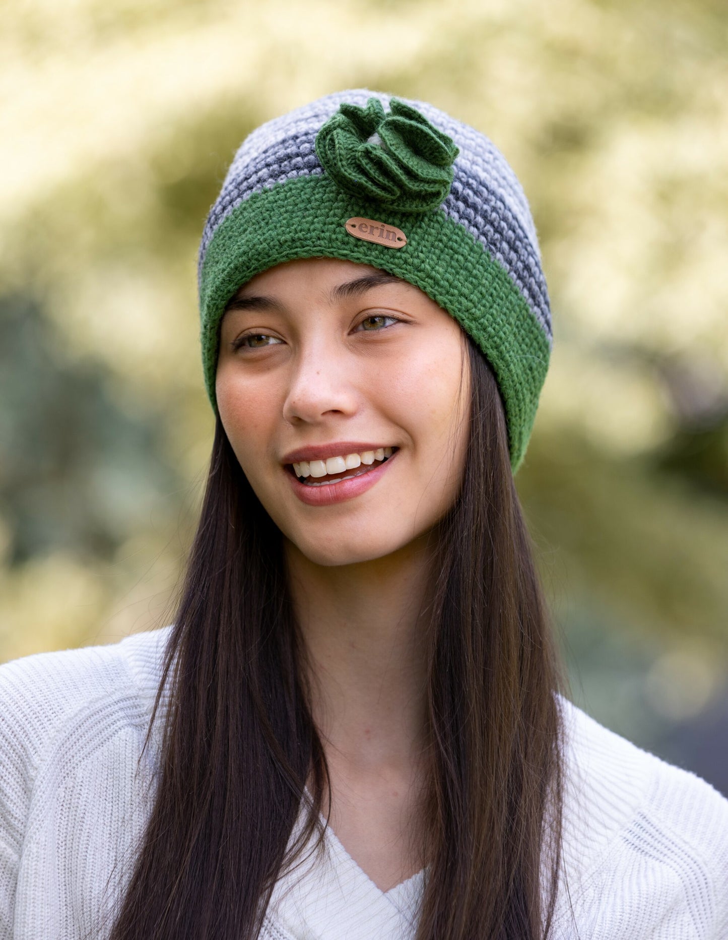 Green/grey Crochet Cap W/ Flower